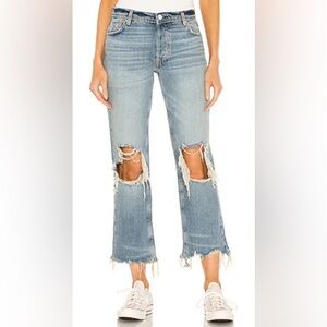 FREE PEOPLE Maggie Mid Rise Straight Leg Jean Distressing in Aged to Perfection